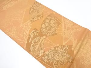 扇に屋敷・草花模様織出し袋帯